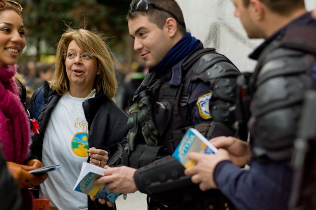 Florita Gerasimidou chatting with the police in Athens.